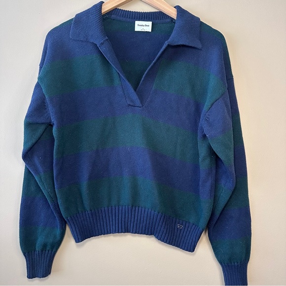 Sunday Best Sweaters - Sunday Best Fine Knit V-Neck Polo Sweater, Navy & Green Stripe, Preppy, Academia
